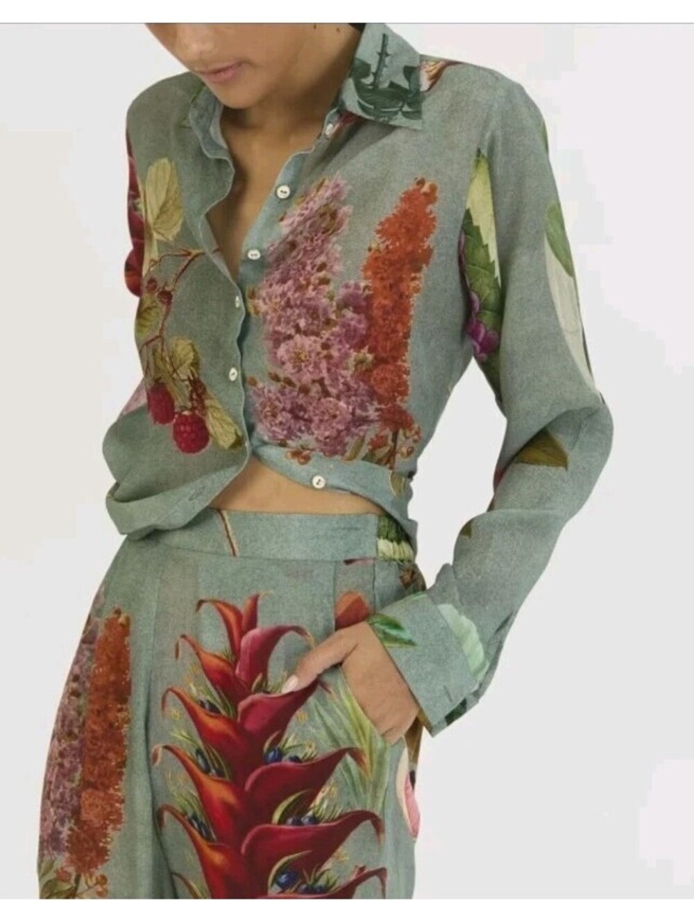 YAM indian Crepe Floral Longsleeve Button down Blouse Top Large